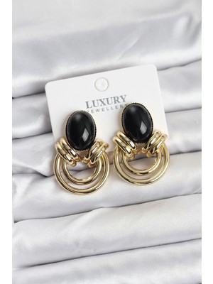 Hace Bazaar  Pirinç Gold Renk Siyah Taşlı Vintage Kadın Küpe TG27BKP11355 -Hcb