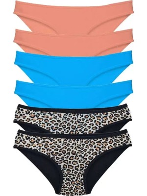 MiraLive 6 Adet Likralı Kadın Slip Külot Leopar Pudra Mavi