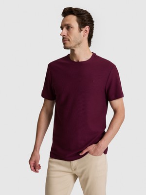 Cacharel Erkek Bordo Slim Fit Saf Pamuk Ince Fitilli Bisiklet Yaka T-Shirt 50328374-VR014