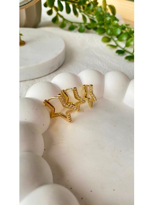 Jewelry Üçlü 14K Taşlı Yıldız Model Küpe Seti