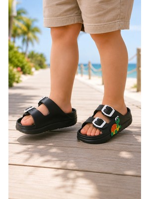 RS Riva Shoes Siyah Kaplumbağa Desenli Çift Tokalı Çocuk Terliği