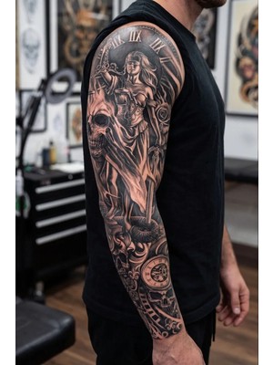 BP Tattoo Justice Kol Dövmesi Geçici Kol Kaplama Dövme 48 cm Mekanik Saat Temalı Erkek Kullanıcı İçin