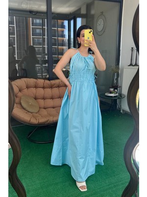 Büşra Ayhan Büzgü Detaylı Askılı Maxi Elbise