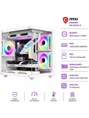 Apphirex Rosa X90 Ryzen 5 7500F / Msı B650M-B / Amd RX9060XT 16GB / 16GB Ddr5 6000MHZ / 1tb M.2 SSD / 240MM Sıvı Soğutma Beyaz Masaüstü Oyun Bilgisayarı