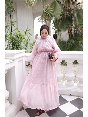 İmaj Butik Pembe Kol ve Bel Ip Bağlamalı Elbise