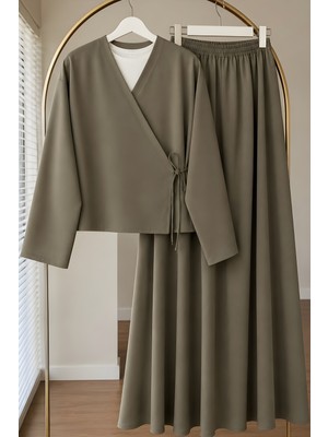 İmaj Butik Haki Yandan Bağlamalı Dabıl Kimono Etekli Takım