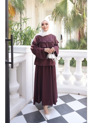 İmaj Butik Mürdüm Gömleği Katlı Etekli Takım