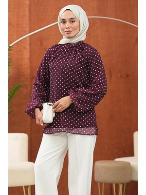 İmaj Butik Bordo Puantiyeli Balon Kol Şifon Bluz