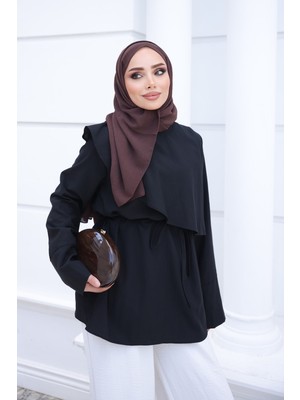 İmaj Butik Siyah Ön Detaylı Bel Bağlamalı Tunik