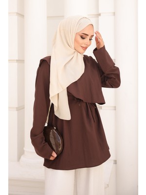 İmaj Butik Kahverengi Ön Detaylı Bel Bağlamalı Tunik
