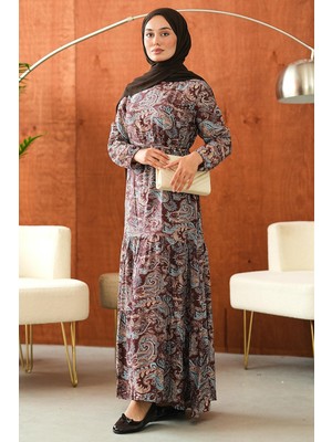 İmaj Butik Kahverengi Eteği Katlı Desenli Elbise