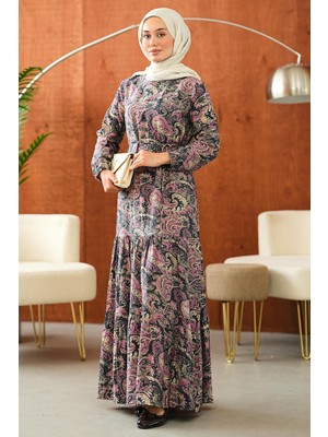 İmaj Butik Antrasit Eteği Katlı Desenli Elbise