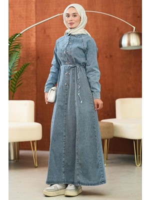 İmaj Butik Mavi Bel Bağlamalı Çıtçıtlı Kot Elbise