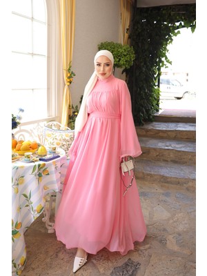 İmaj Butik Pembe Geniş Kol Şifon Elbise