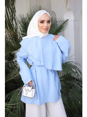 İmaj Butik Bebe Mavi Ön Detaylı Bel Bağlamalı Tunik