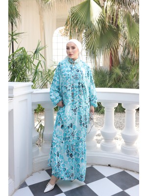 İmaj Butik Su Yeşili Yarım Düğmeli Kol Lastikli Eteği Katlı Viskon Elbise