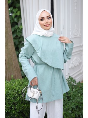 İmaj Butik Çağla Ön Detaylı Bel Bağlamalı Tunik