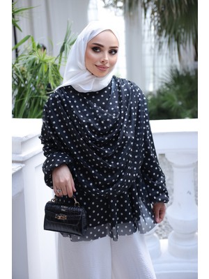 İmaj Butik Siyah Degaje Yaka Puantiyeli Bluz