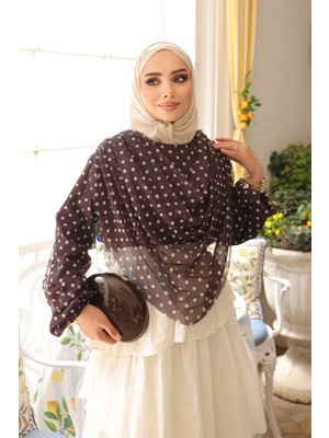İmaj Butik Kahverengi Degaje Yaka Puantiyeli Bluz
