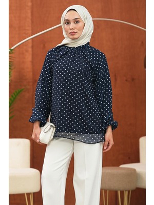 İmaj Butik Lacivert Puantiyeli Balon Kol Şifon Bluz