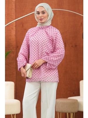 İmaj Butik Pembe Puantiyeli Balon Kol Şifon Bluz