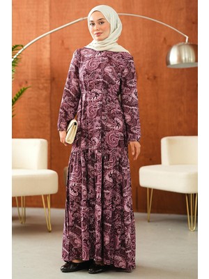 İmaj Butik Mürdüm Eteği Katlı Desenli Elbise