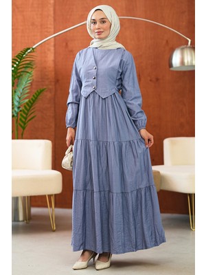 İmaj Butik Gri Yelek Detaylı Eteği Katlı Elbise