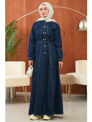 İmaj Butik Koyu Mavi Bel Bağlamalı Çıtçıtlı Kot Elbise
