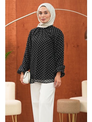 İmaj Butik Siyah Puantiyeli Balon Kol Şifon Bluz