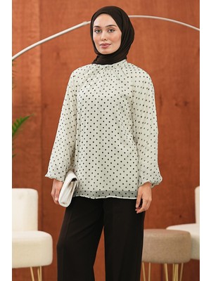 İmaj Butik Krem Puantiyeli Balon Kol Şifon Bluz
