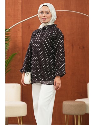 İmaj Butik Kahverengi Puantiyeli Balon Kol Şifon Bluz