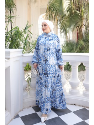 İmaj Butik Mavi Yarım Düğmeli Kol Lastikli Eteği Katlı Viskon Elbise