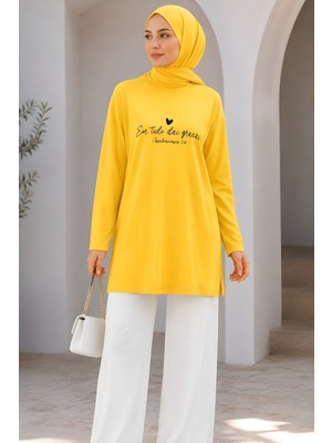İmaj Butik Sarı Bisiklet Yaka Baskılı Penye Tunik