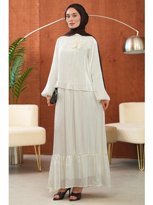 İmaj Butik Ekru Kol Lastikli Bronş Detaylı Bluz Etekli Takım