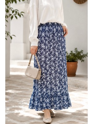 İmaj Butik Lacivert Bel Lastikli Alt Fırfırlı Desenli Etek