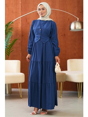 İmaj Butik Lacivert Yelek Detaylı Eteği Katlı Elbise