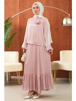 İmaj Butik Toz Pembe Kol Lastikli Bronş Detaylı Bluz Etekli Takım