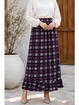 İmaj Butik Mor Bel Lastikli Alt Fırfırlı Desenli Etek