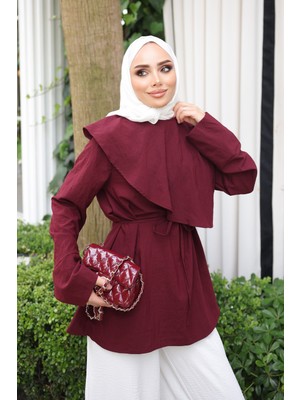 İmaj Butik Bordo Ön Detaylı Bel Bağlamalı Tunik
