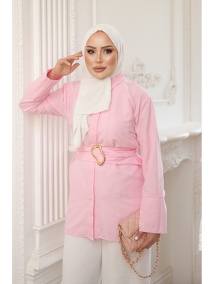 İmaj Butik Pembe Beli Kemerli Düğmeli Tunik