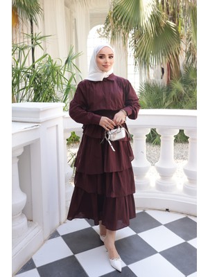 İmaj Butik Bordo Eteği Katlı Gömlekli Ikili Takım