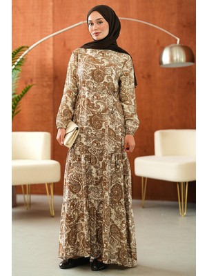 İmaj Butik Vizon Eteği Katlı Desenli Elbise