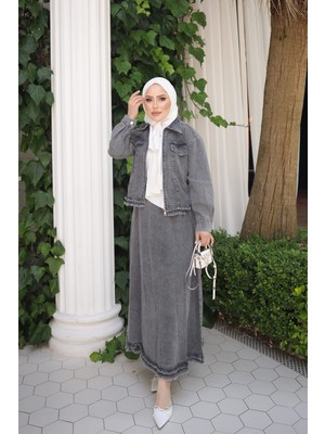 İmaj Butik Füme Püskülü Kot Ceket Etekli Takım