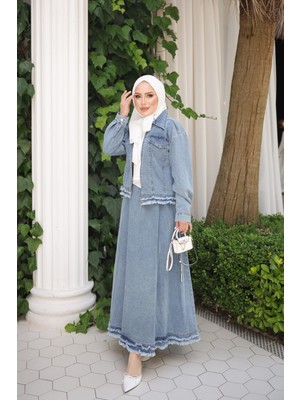 İmaj Butik Mavi Püskülü Kot Ceket Etekli Takım