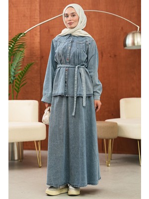 İmaj Butik Mavi Bel Bağlamalı Gömlek Tekli Kot Takım