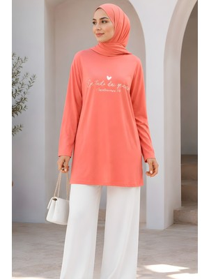 İmaj Butik Pembe Bisiklet Yaka Baskılı Penye Tunik