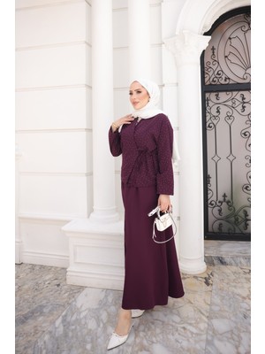 İmaj Butik Mor Taş Detaylı Yan Bağlamalı Kimono Etekli Takım