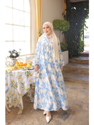 İmaj Butik Mavi Yarım Düğmeli Eteği Katlı Elbise
