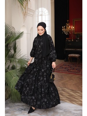 İmaj Butik Siyah Yarım Düğmeli Kol Lastikli Elbise