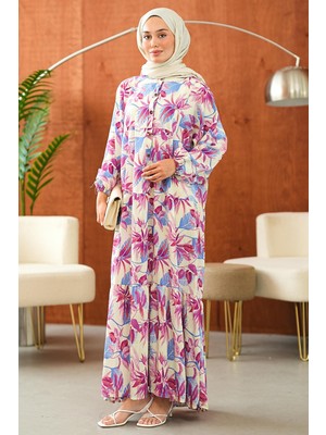 İmaj Butik Mürdüm Yarım Düğmeli Kol Lastikli Eteği Katlı Viskon Elbise